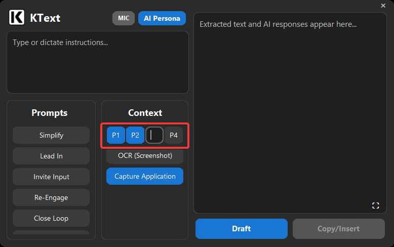 Paste buttons (P1–P4) used for extra context
