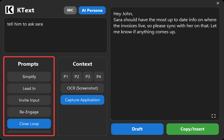 Prompt selection buttons