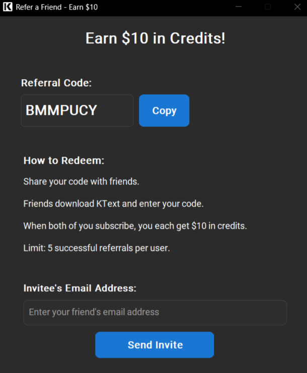 KText system tray menu with Refer a Friend highlighted