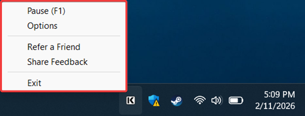 KText system tray menu with primary options highlighted